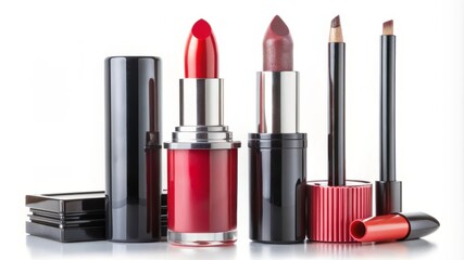 Obraz premium A collection of cosmetics including lipstick, nail polish, and eyeliner