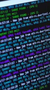 Screen with crypto code, green digitals. Bitcoin on computer screen with code bitcoin mining