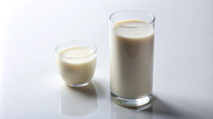 Two glasses of milk are on a white table