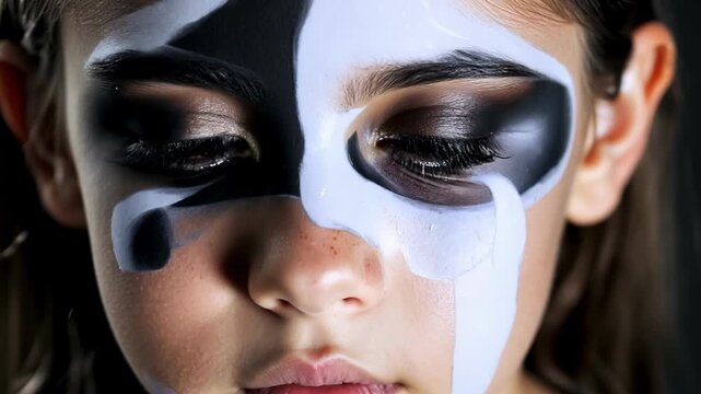 A young girl with her face painted in black and white symbolizing the contrast between good and evil in the fight for justice.