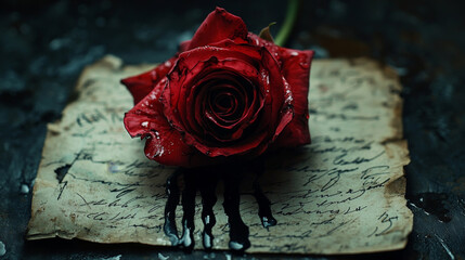A deep red rose lies on an old, handwritten love letter, with black ink dripping from the petals, symbolizing lost love and heartache. © ArtifyGraphy