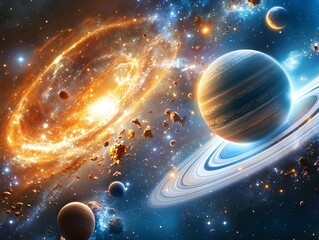 Vibrant Cosmic Space Scene Featuring Planets, Stars, and Galaxies in Outer Space