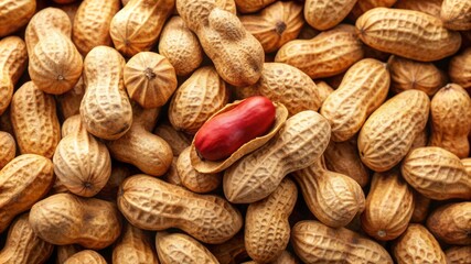 A bunch of peanuts with one of them being a red nut