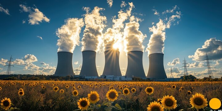 Nuclear power plant with sunflowers in foreground, white steam coming from the towers, blue sky