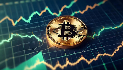 golden bitcoin cryptocurrency coin on a digital stock chart background 7