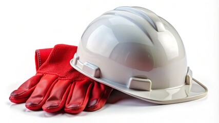 Fototapeta premium A white hard hat sits on top of a red glove