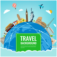 Travel composition with famous world landmarks. Travel and Tourism. Concept website template. Vector. Modern flat design.