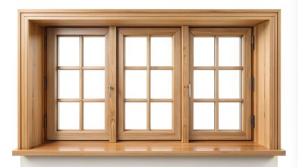 A wooden window with three panes and a wooden frame