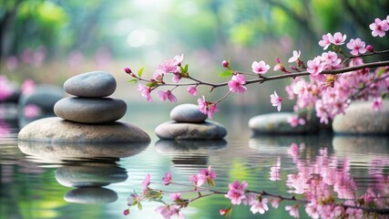 A serene scene of three rocks floating on the surface of a body of water with pi