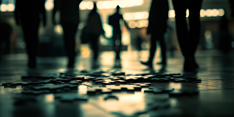 Fragmented Figures: Jigsaw puzzle pieces scattered on a floor, people's silhouettes in background