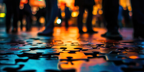 Fragmented Figures: Jigsaw puzzle pieces scattered on a floor, people's silhouettes in background