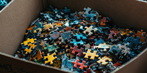 Forgotten Pieces: A box of discarded puzzles, overlooked amidst the hustle of everyday life.