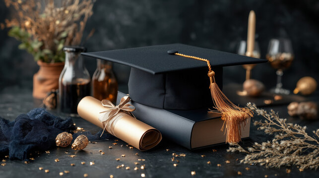 Golden graduation cap and diploma with starry embellishments for celebration. Graduation party concept background banner and website design template - Powered by Adobe