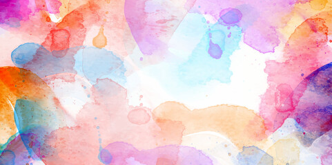 multicolor watercolor paper textured illustration with splashes. colorful watercolor for background with paint. Divorces and drops. Colorful gradient ink colors wet effect hand drawn canvas background