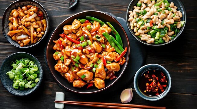 Traditional Chinese food Kung Pao Chicken: bite-sized chicken, colorful peppers, peanuts, green onions in a glossy, spicy sauce, served with various side dishes.