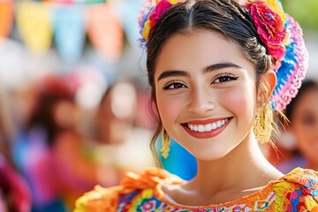 Fototapeta premium Smiling Woman in Traditional Costume Enjoying Cultural Festival Outdoors in Daylight