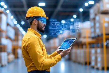 Young Male Engineer Using Digital Tablet with Augmented Reality in Warehouse