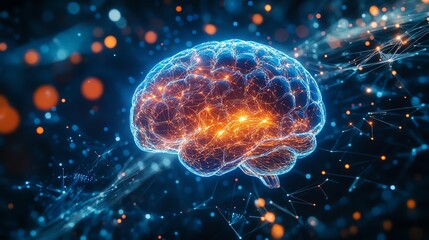 Obraz premium A vibrant digital representation of a brain, showcasing neural connections and glowing networks in a futuristic landscape.
