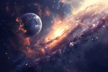 Obraz premium Earth-like exoplanet in a colorful spiral galaxy with glowing supernova remnants