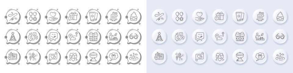 Fishing rod, Journey and Balloon dart line icons. White pin 3d buttons, chat bubbles icons. Pack of Ice cream, Fishing float, Wedding glasses icon. Christmas tree, Hold heart, Grill pictogram. Vector