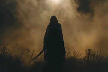 A person stands in a field holding a knife, suitable for scenes about danger or suspense