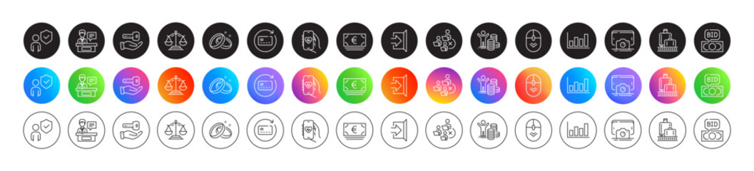 Fototapeta premium Phone photo, Remove team and Euro currency line icons. Round icon gradient buttons. Pack of Scroll down, Budget profit, Renew card icon. Security, Wedding rings, Exhibitors pictogram. Vector
