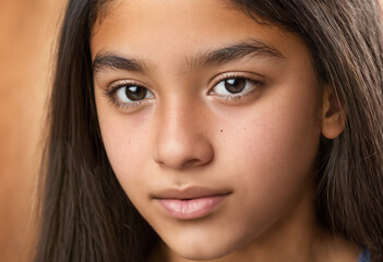Naklejka premium teenager or child, girl, age 8 to 13 years, hispanic light brown hair, white light skin tone, portrait face closeup, neutral facial expression, emotionless or thoughtful, young generation alpha