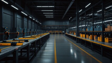 Fototapeta premium A panoramic image of a fully automated robotic dark store warehouse
