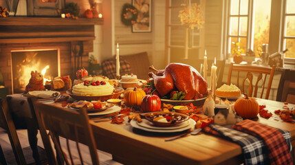 Thanksgiving Feast with Roast Turkey and Candlelit Atmosphere