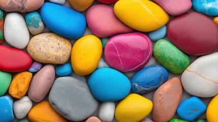 A variety of colorful pebbles blanket the ground, creating a lively mosaic in bright shades under the warm sun