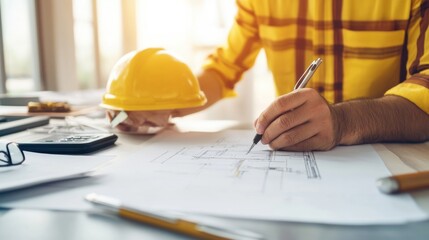 A professional analyzes architectural blueprints while jotting down notes at a wooden desk filled with tools