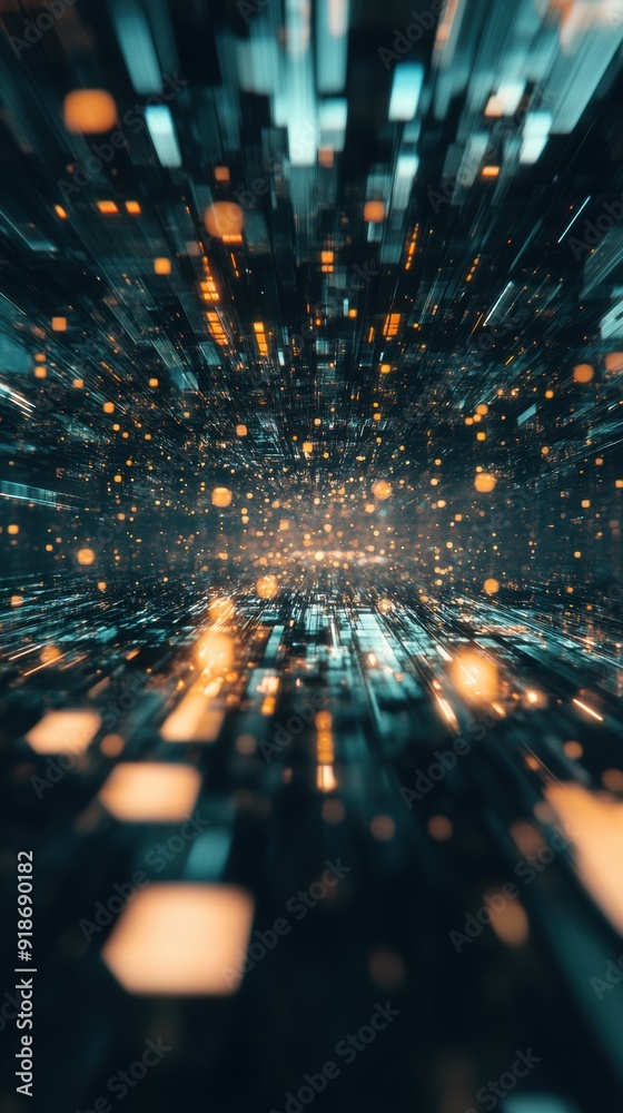 Poster bright lights and patterns create an immersive digital data grid experience, showcasing a dynamic te