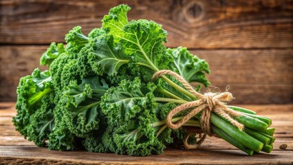 Fresh bunch of leafy green kale with a rustic twine tie and earthy background, symbolizing healthy and sustainable organic farming practices.