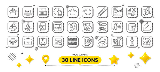 Overeating pills, Balcony and Smartphone notification line icons pack. 3d design elements. Filter, Fraud, Artificial intelligence web icon. Painter, Electric bike, Pencil pictogram. Vector