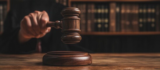 close up on the gavel of the judges table . Close-up of gavel on judge desk, symbolizing court trial, justice and legal decisions in courtroom