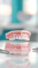 A dental model and various tools are arranged neatly on a desk in a dental office setting
