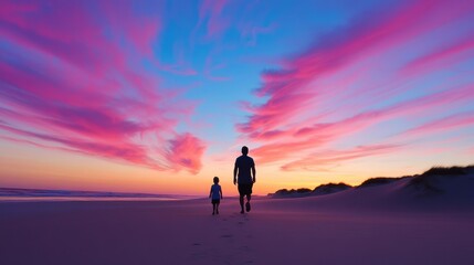 Fototapeta premium A father and child stroll together on the beach as the sun sets, surrounded by colorful clouds and tranquility