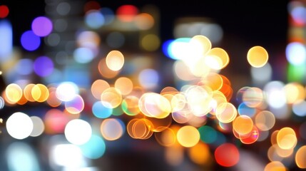 Obraz premium Colorful lights blend together to form a captivating bokeh effect in a bustling city at night