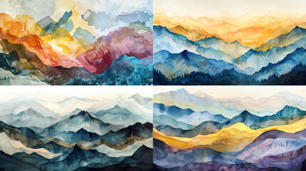 Abstract interpretations of mountain vistas in watercolor, using layered washes to convey the dynamic forms and contours of peaks