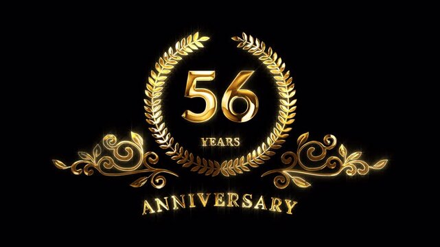 56th Anniversary Celebration. Happy 56 Years Anniversary Animation in Gold Color on the Transparent Background, Alpha Channel. Great for greetings, celebrations, events, and gifts.