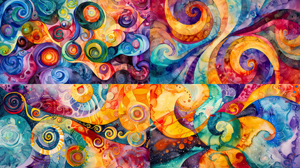 Fototapeta premium Abstract patterns in watercolor of colorful swirls and spirals, dynamic movement, and vivid color contrasts 