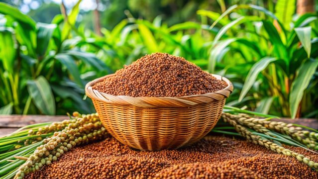 Ripened finger millet grains overflow from a woven basket, surrounded by lush greenery, symbolizing abundance, natural harvest, and traditional farming practices.