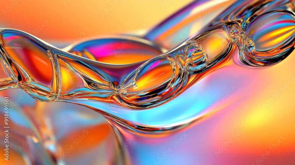 Poster fluid glass forms interact with light, creating a colorful and mesmerizing display of reflections an