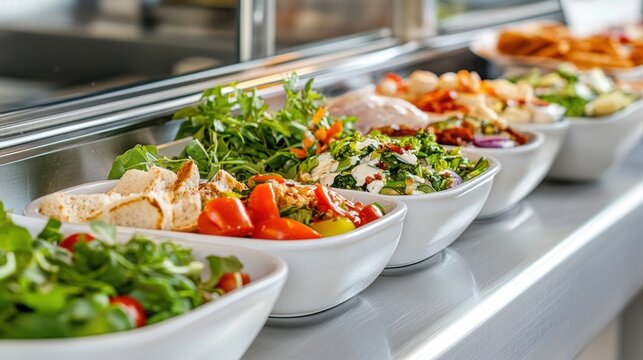 Freshly prepared meals featuring vibrant salads set on display in a cafeteria