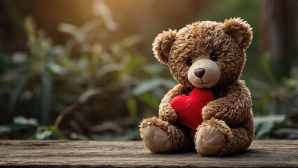 Obraz premium A teddy bear holding a red heart sits on a wooden surface surrounded by greenery in soft natural light