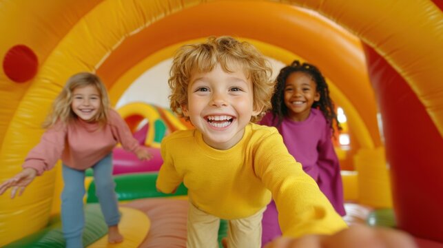 Three children are having fun, laughing and bouncing inside a vibrant inflatable bounce house