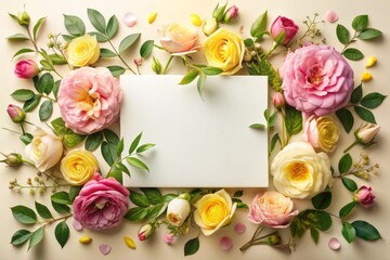 Elegant white invitation card adorned with a beautiful floral pattern of pink and yellow roses, surrounded by lush greenery, on a soft cream background.
