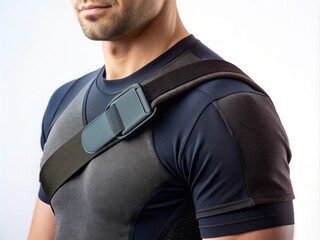 Close-up of a black adjustable shoulder brace with Velcro straps and padded sleeve, providing support and stability for injured or recovering shoulders.