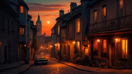Fototapeta premium Twilight Serenity on a Historic Street