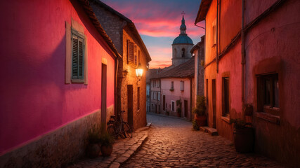 Fototapeta premium Twilight Serenity: A Journey Down a Charming Village Lane